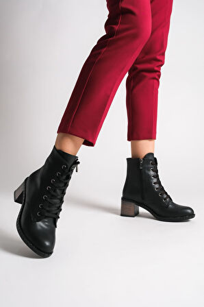 JET-DIANA Bağcıklı Fermuarlı Ortopedik Taban TopukluKadın Bot CST - Siyah