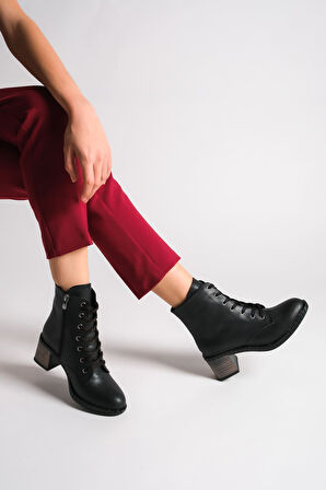 JET-DIANA Bağcıklı Fermuarlı Ortopedik Taban TopukluKadın Bot CST - Siyah