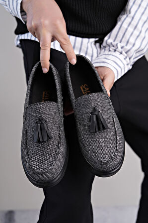 ET154 Blaze Bağcıksız Püsküllü Keten Erkek Günlük Spor Klasik Ayakkabı ST - Gri