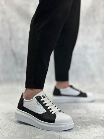 ET0423 Kalın Yüksek Taban Beyaz Siyah Bağcıklı Spor Erkek Ayakkabı