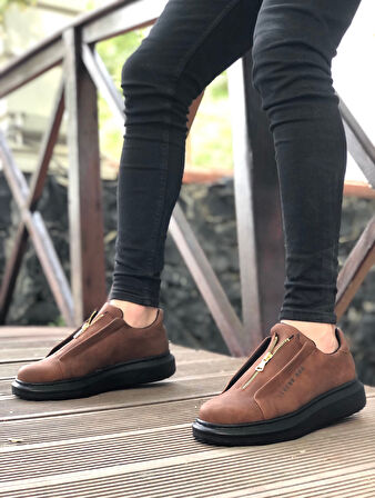 ET0310 Kalın Yüksek Taban Fermuarlı Taba Siyah Erkek Ayakkabı
