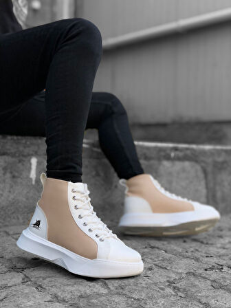 ET0256 Bağcıklı Erkek Yüksek Taban Beyaz Krem Taban Spor Bot