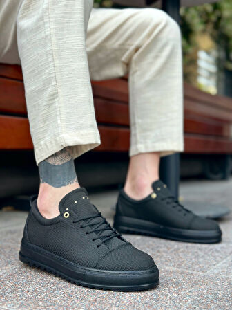 ET0152 Bağcıklı Yüksek Taban Siyah Keten Siyah Taban Erkek Ayakkabı