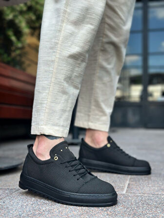 ET0152 Bağcıklı Yüksek Taban Siyah Keten Siyah Taban Erkek Ayakkabı