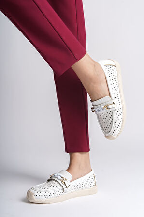 JET-LIZY Bağcıksız Ortopedik Rahat Taban Kalp Desenli Kadın Babet Ayakkabı  CKT - Beyaz