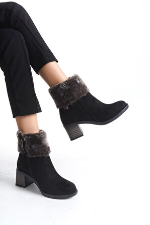 JET-KATYA Fermuarlı Ortopedik Taban Topuklu Kürk Detaylı Süet Kadın Bot  SST - Siyah