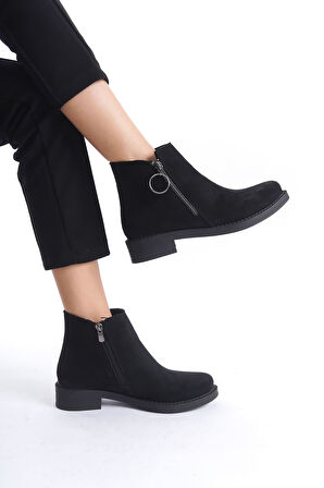 JET-MARGARET Fermuarlı Ortopedik Taban Topuklu Süet Kadın Bot SST - Siyah