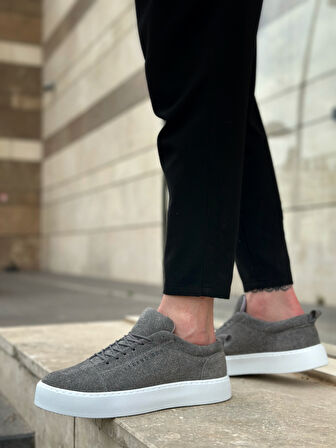 ET0104 Bağcıklı Gri Süet Beyaz Taban Spor Klasik Erkek Ayakkabı