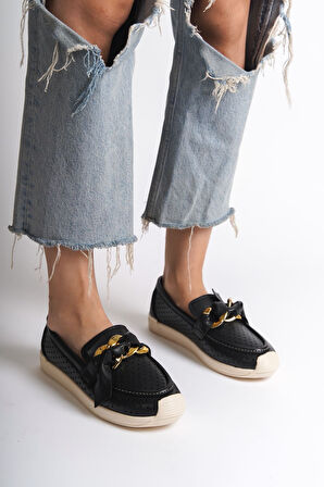 JET-LYDIA Bağcıksız Ortopedik Rahat Taban Kalp Desenli Kadın Babet Ayakkabı  CKT - Siyah