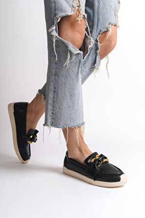 JET-LYDIA Bağcıksız Ortopedik Rahat Taban Kalp Desenli Kadın Babet Ayakkabı  CKT - Siyah