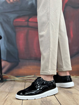 ET0003 Bağcıklı Klasik  Siyah Beyaz Taban Rugan Yüksek Taban Casual Erkek Ayakkabı