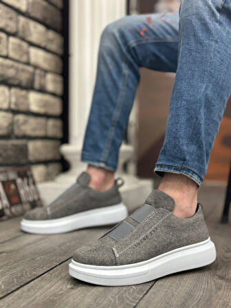 ET0307 Kalın Süet Yüksek Taban Çift Bant Gri Erkek Ayakkabı