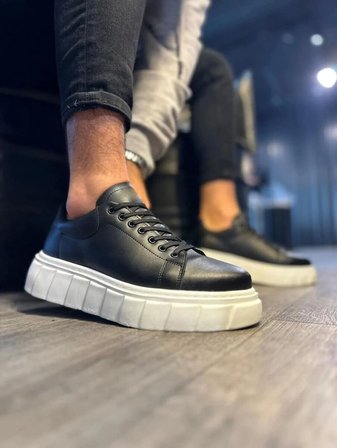 JET-144 Volt Bağcıklı Cilt Erkek Günlük Sneaker Yüksek Taban Ayakkabı CBT Siyah
