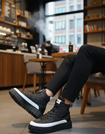 ET0811 Yüksek Taban Siyah Paraşüt Kumaş Beyaz Cilt Detaylı Yarım Bilek Spor Bot