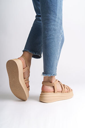 JET-BELLA Lastikli Şerit Detaylı Ortopedik Taban Kadın Sandalet  CTT - Ten