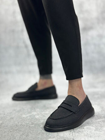 ET0355 Bağcıksız Keten Siyah Taban Klasik Corcik Erkek Ayakkabı