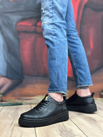 ET8104 Yüksek Siyah Taban Siyah Cilt Bağcıklı Erkek Ayakkabı