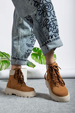 ET-ZNN-Camel Süet Bağcıklı Yüksek Taban Kadın Bot