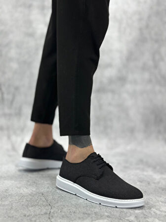 ET0003 Bağcıklı Klasik Spor Keten Siyah Beyaz Taban Casual Erkek Ayakkabı