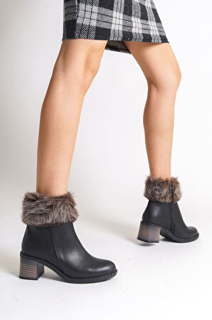 JET-JULIA Fermuarlı Ortopedik Taban Tüylü Topuklu Kadın Bot CST - Siyah