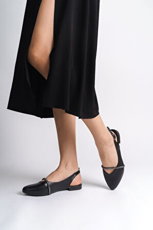 JET-ALLISON Tokalı Ortopedik Rahat Taban Taş Detaylı Kadın Babet Ayakkabı  CST - Siyah