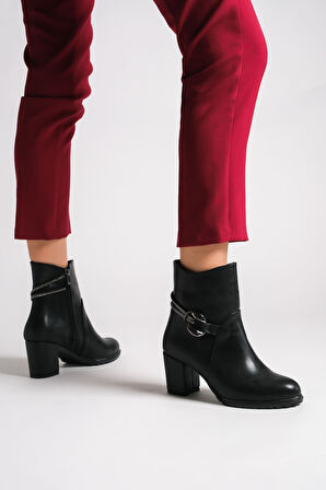 JET-EDNA Fermuarlı Ortopedik Taban Taşlı Topuklu Kadın Bot CST - Siyah