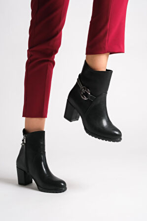 JET-EDNA Fermuarlı Ortopedik Taban Taşlı Topuklu Kadın Bot CST - Siyah