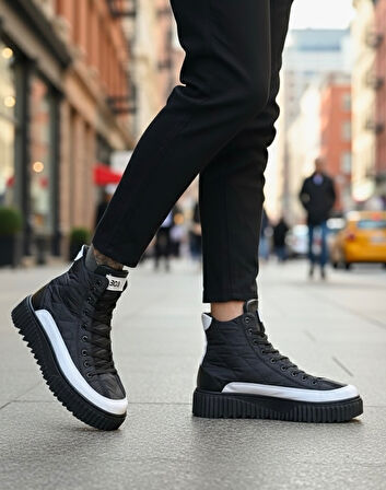 ET0811 Yüksek Taban Siyah Paraşüt Kumaş Beyaz Cilt Detaylı Yarım Bilek Spor Bot