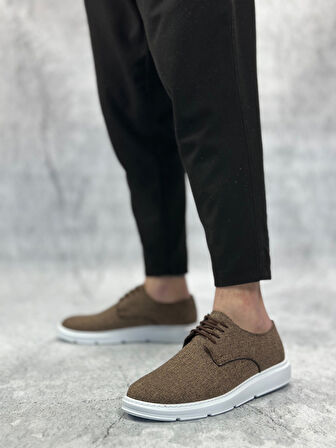ET0003 Bağcıklı Klasik Spor Keten Kahverengi Beyaz Taban Casual Erkek Ayakkabı