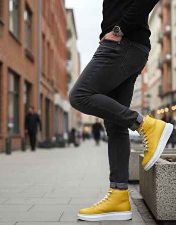 ET0713 Bağcıklı Sarı Yüksek Taban Erkek Tarz Spor Bot