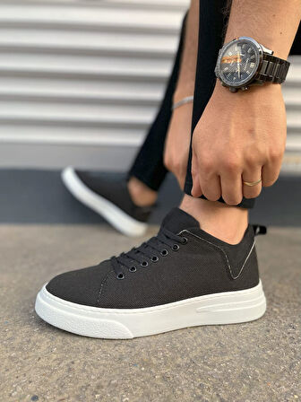 JET-204 Flex Bağcıklı Keten Kumaş Erkek Günlük Sneaker Ayakkabı KBT - Siyah