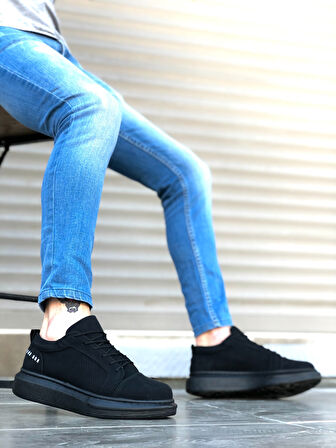 ET0548 Kalın Yüksek Siyah Taban Siyah Bağcıklı Spor Erkek Ayakkabı