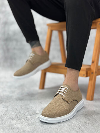 ET0003 Bağcıklı Klasik Spor Keten Hardal Beyaz Taban Casual Erkek Ayakkabı