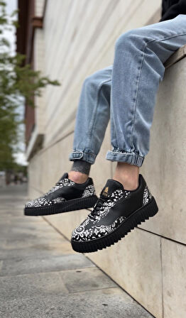 ET0802 Gotik Desenli Siyah Yüksek Taban Erkek Günlük Ayakkabı