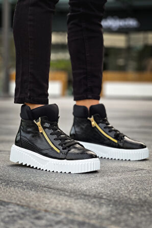 ET-S-512 Kalın Yüksek Taban Çift Fermuarlı Siyah Erkek Spor Bot