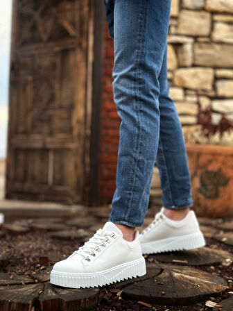 ET0505 Çengel Bağcıklı Beyaz Renk Yüksek Tabanlı Günlük Ayakkabı