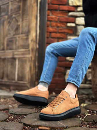 ET0547 Kalın Yüksek Taban Taba Siyah Süet Bağcıklı Spor Erkek Ayakkabı