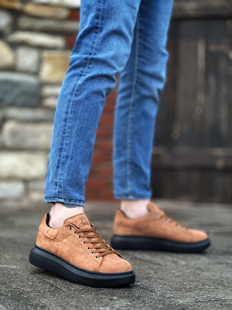 ET0547 Kalın Yüksek Taban Taba Siyah Süet Bağcıklı Spor Erkek Ayakkabı