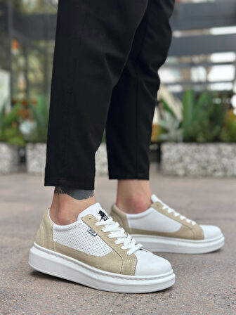 ET0423 Kalın Yüksek Taban Beyaz Krem Bağcıklı Spor Erkek Ayakkabı