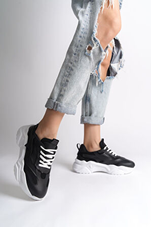 JET-TOKYO Bağcıklı Ortopedik Taban Triko Detaylı Kadın Spor Ayakkabı  TBT - Siyah