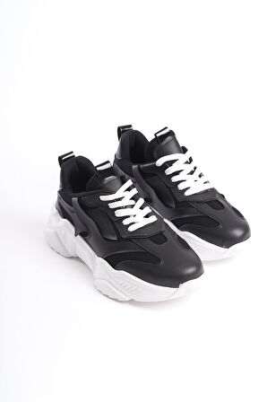 JET-TOKYO Bağcıklı Ortopedik Taban Triko Detaylı Kadın Spor Ayakkabı  TBT - Siyah