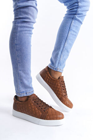 ET166 Prestige Bağcıklı Cilt Kapitone Desenli Erkek Günlük Sneaker Ayakkabı BT - Taba