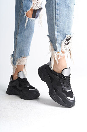 JET-TOKYO Bağcıklı Ortopedik Taban Triko Detaylı Kadın Spor Ayakkabı  TST - Siyah/Gri