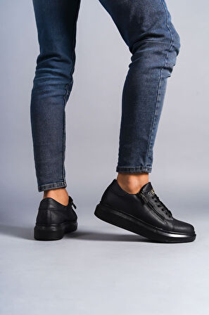 ET155 Warrior Bağcıklı ve Fermuarlı Cilt Erkek Günlük Sneaker Ayakkabı ST - Siyah