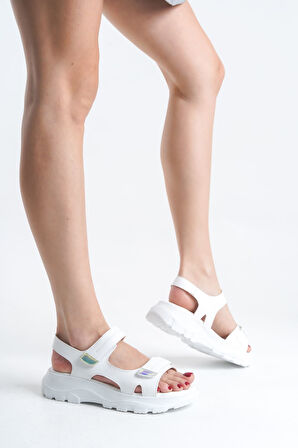 JET-LAMIA Cırt Cırtlı Ortopedik Taban Kadın Sandalet CBT - Beyaz