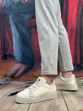 ET0803 Yüksek Taban Triko Krem Erkek Ayakkabı