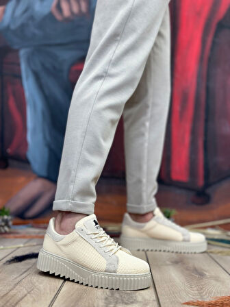 ET0803 Yüksek Taban Triko Krem Erkek Ayakkabı