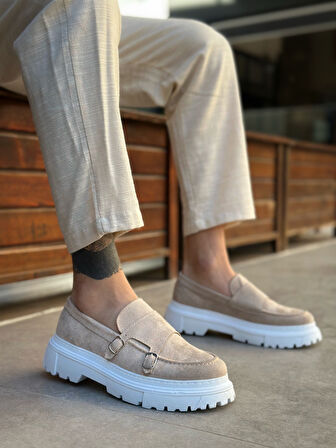 ET0242 Tokalı Klasik Yüksek Taban Krem Süet Erkek Ayakkabı