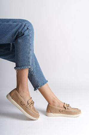 JET-LILY Bağcıksız Ortopedik Rahat Taban Çiçek Desenli Kadın Babet Ayakkabı  CKT - Ten