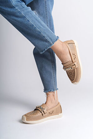 JET-LILY Bağcıksız Ortopedik Rahat Taban Çiçek Desenli Kadın Babet Ayakkabı  CKT - Ten